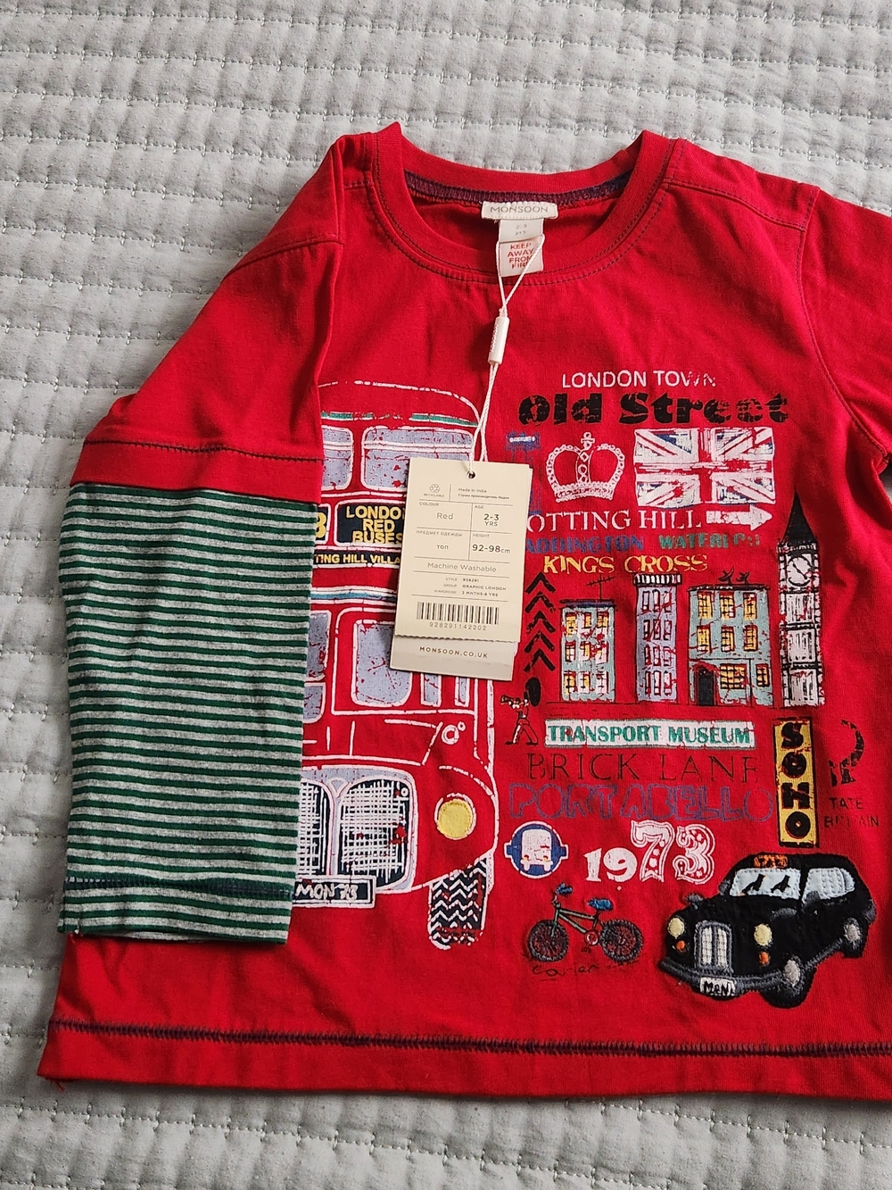 Monsoon Red London Graphic Long Sleeve Tee with Green Stripe Sleeves